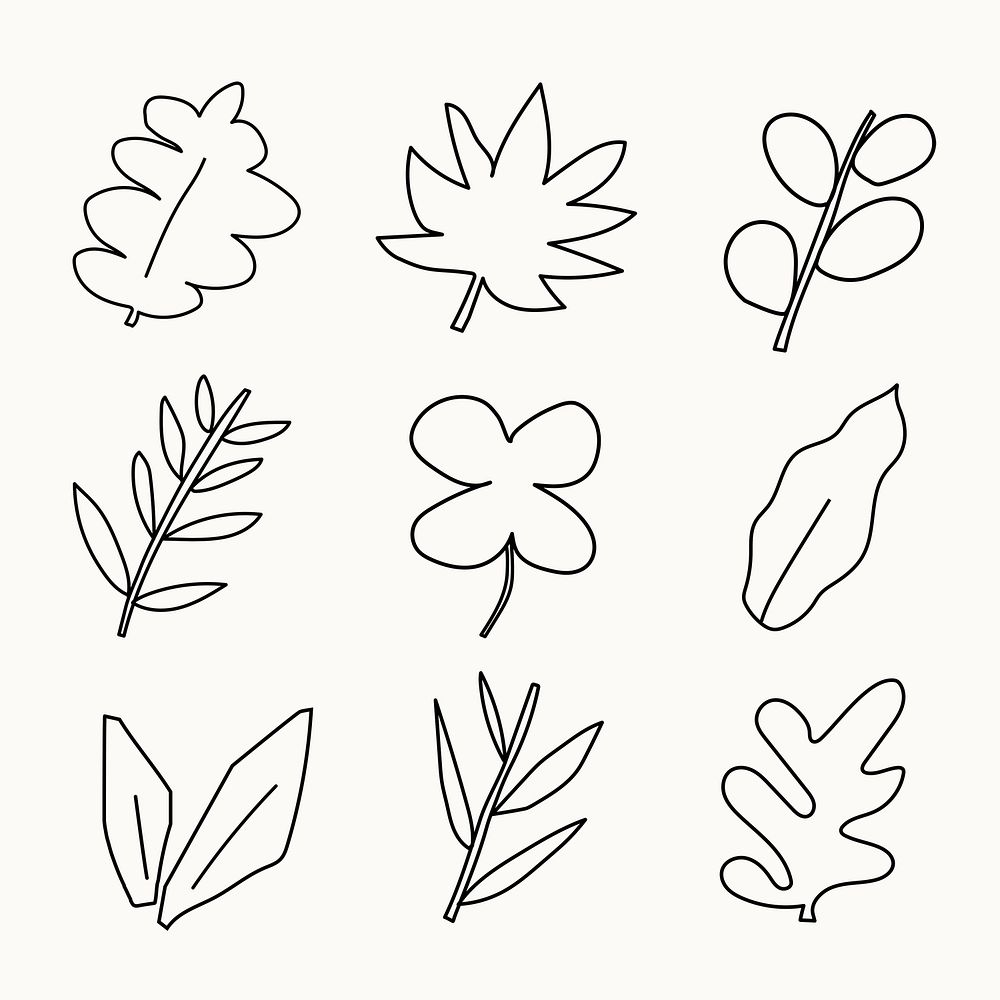 Leaf doodle sticker, black design on beige background psd set