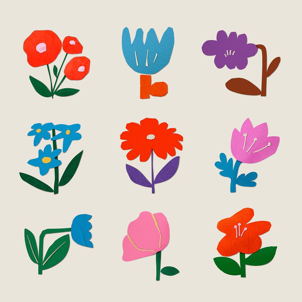 Paper craft doodle sticker, floral design on beige background vector set