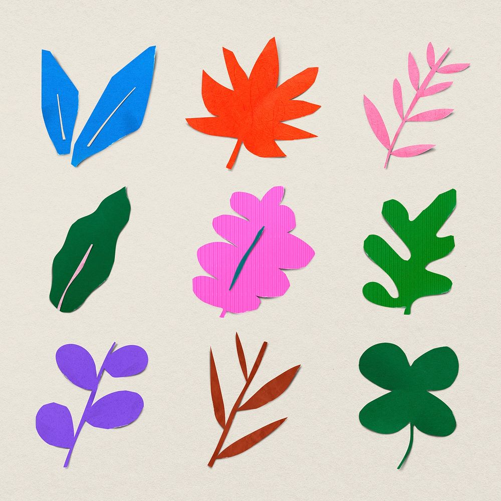 Paper craft doodle sticker, leaf design on beige background psd set