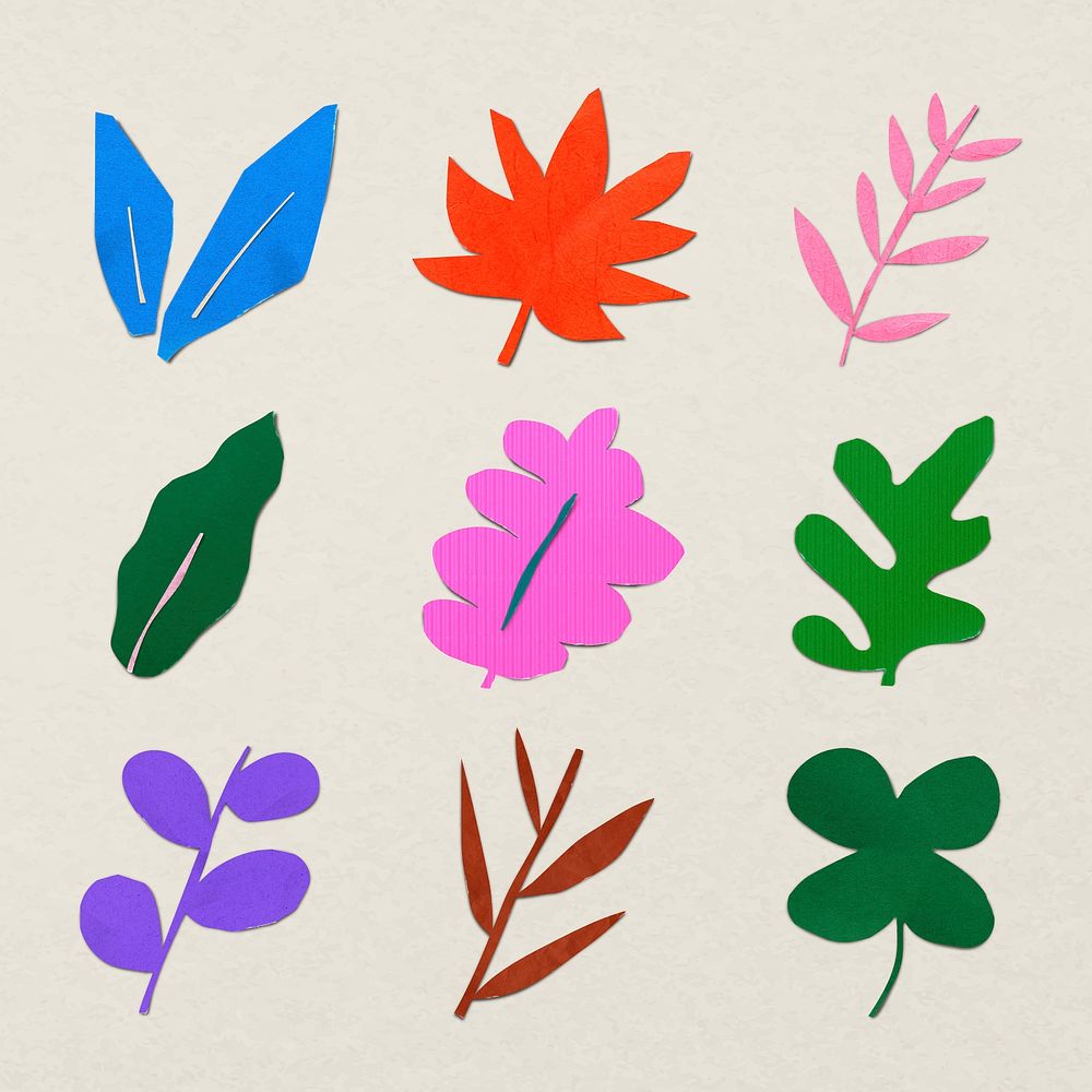 Paper craft doodle sticker, leaf design on beige background vector set