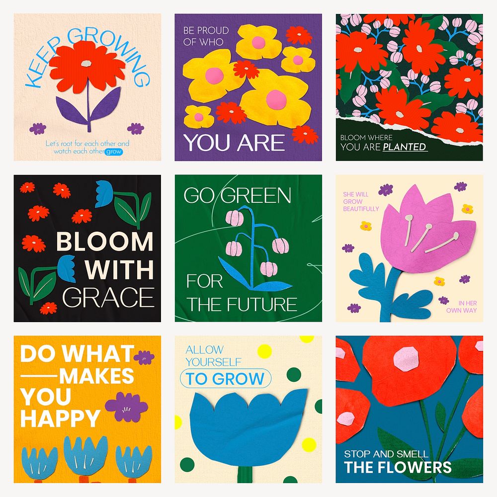 Positivity social media post template, colorful flower paper craft design psd set