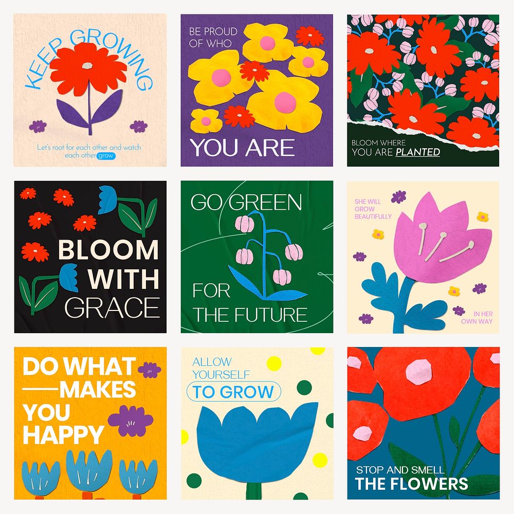 Positivity social media post template, colorful flower paper craft design vector set