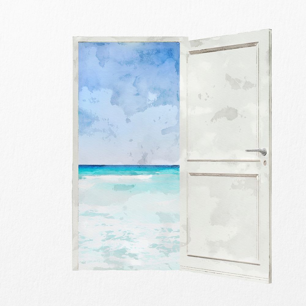 Beach behind door clipart, abstract illustration psd