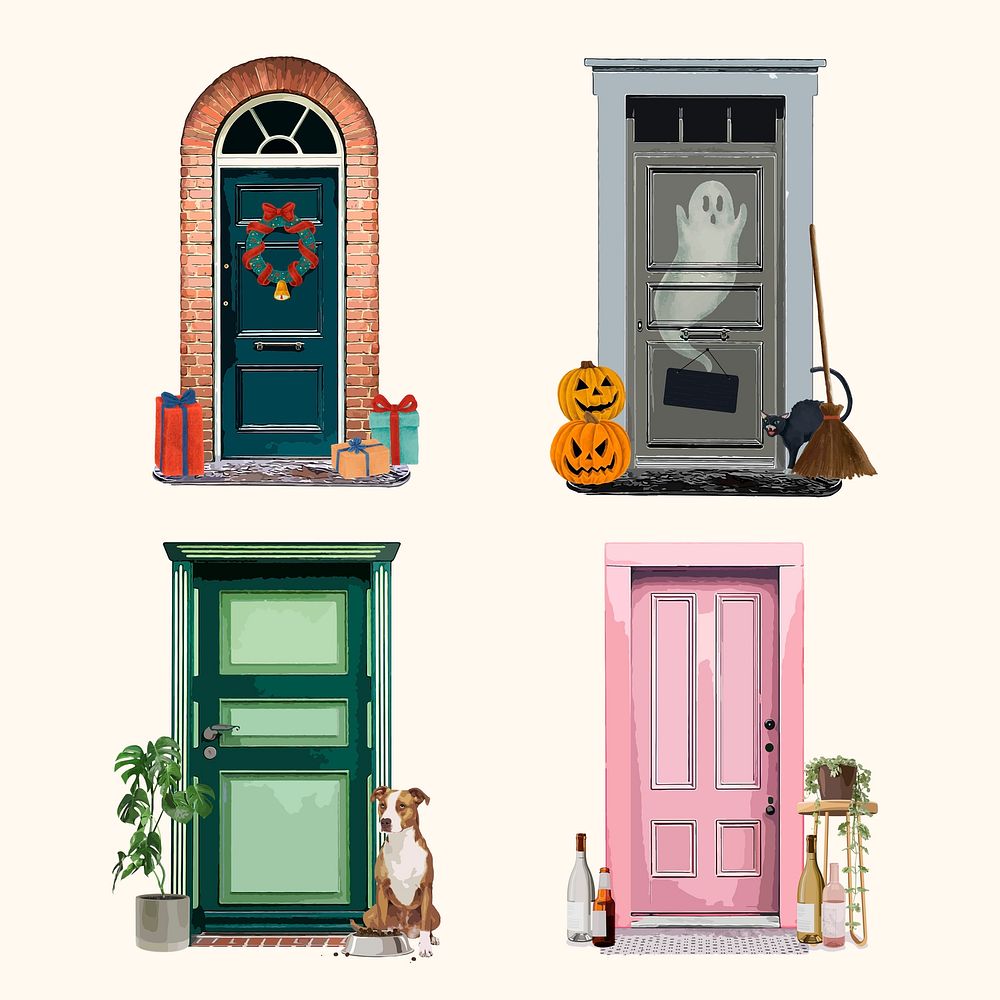 Festive decorated doors clipart, home exterior illustration set psd