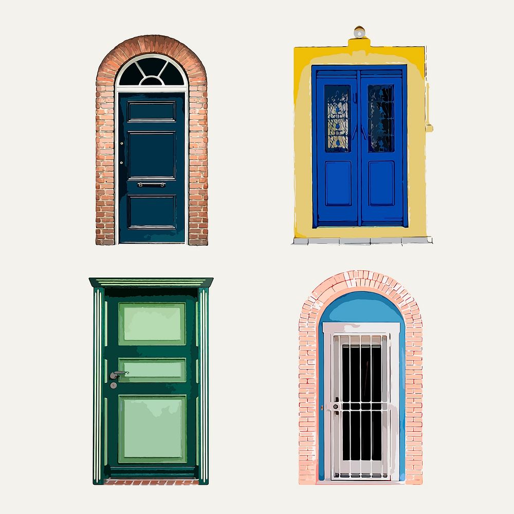 Modern house doors clipart, exterior illustration set vector