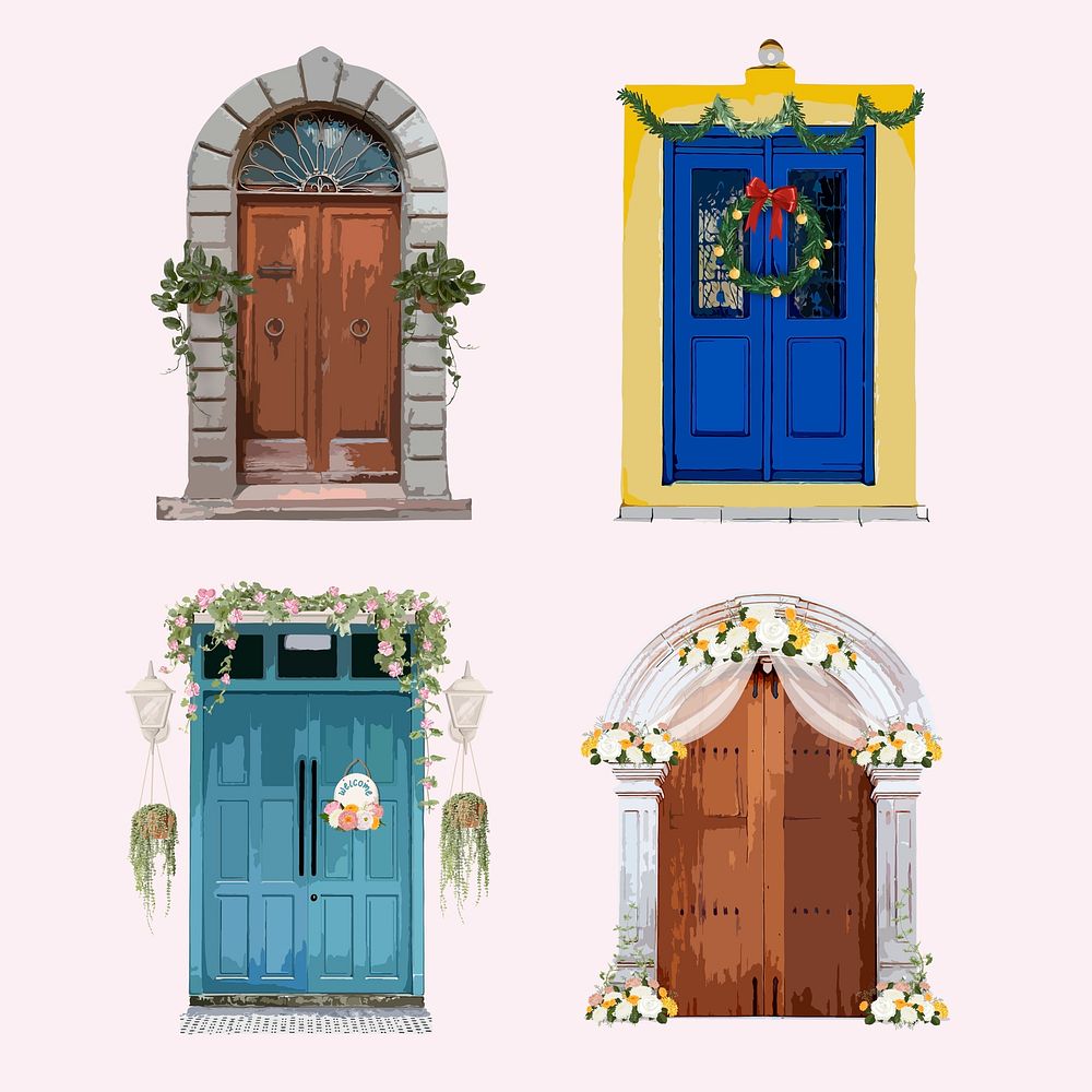 Festive decorated doors clipart, home exterior illustration set vector