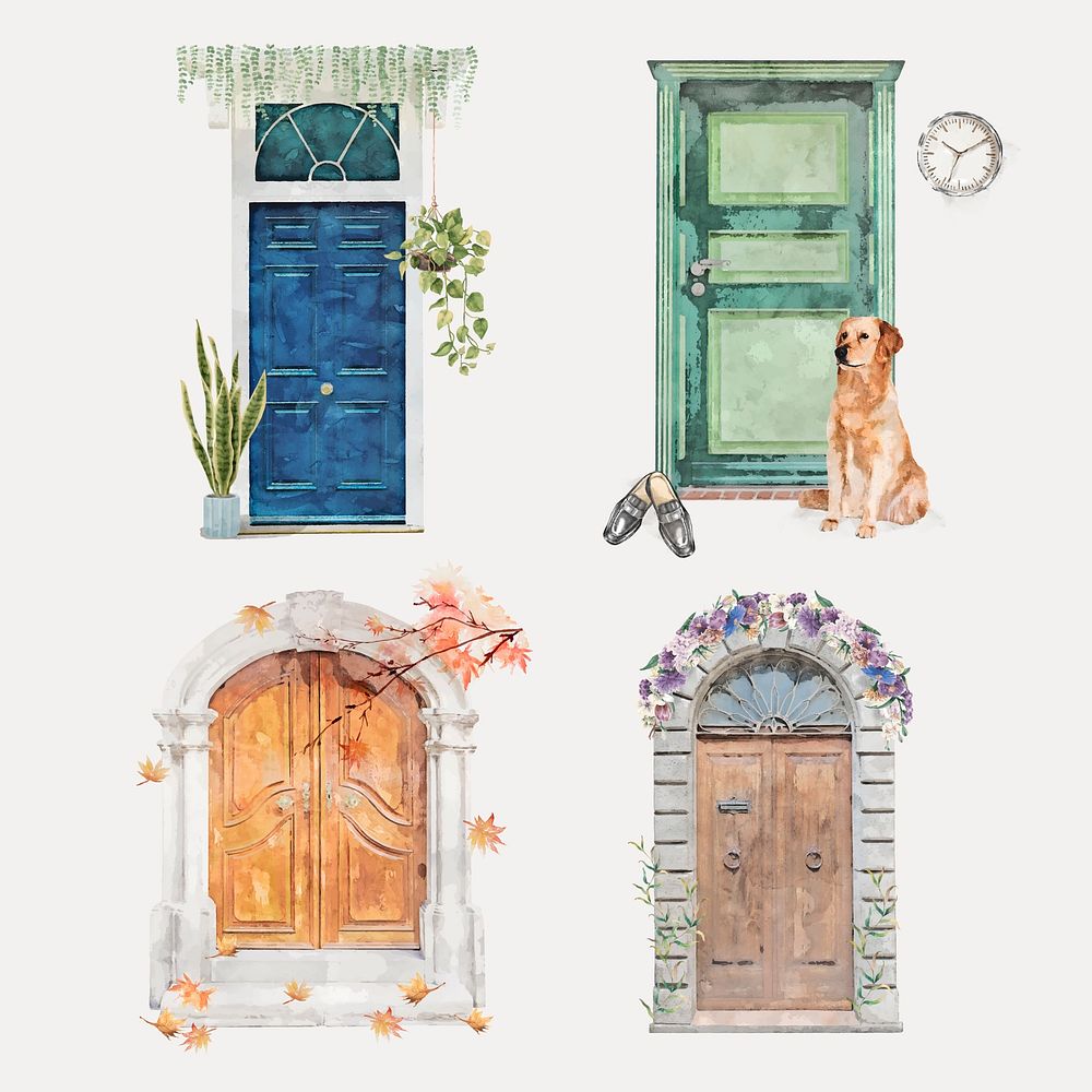 Seasonal aesthetic doors clipart, architecture illustration set vector