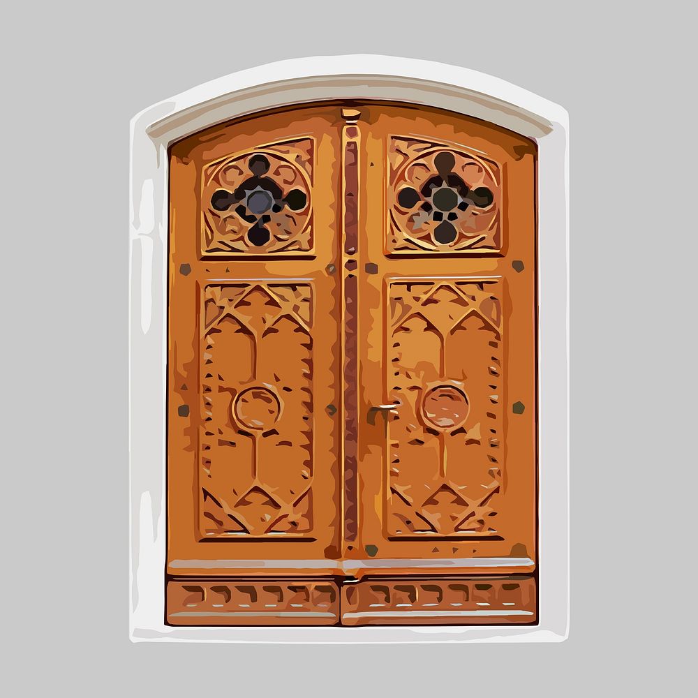 Traditional carved door clipart, gothic architecture illustration psd