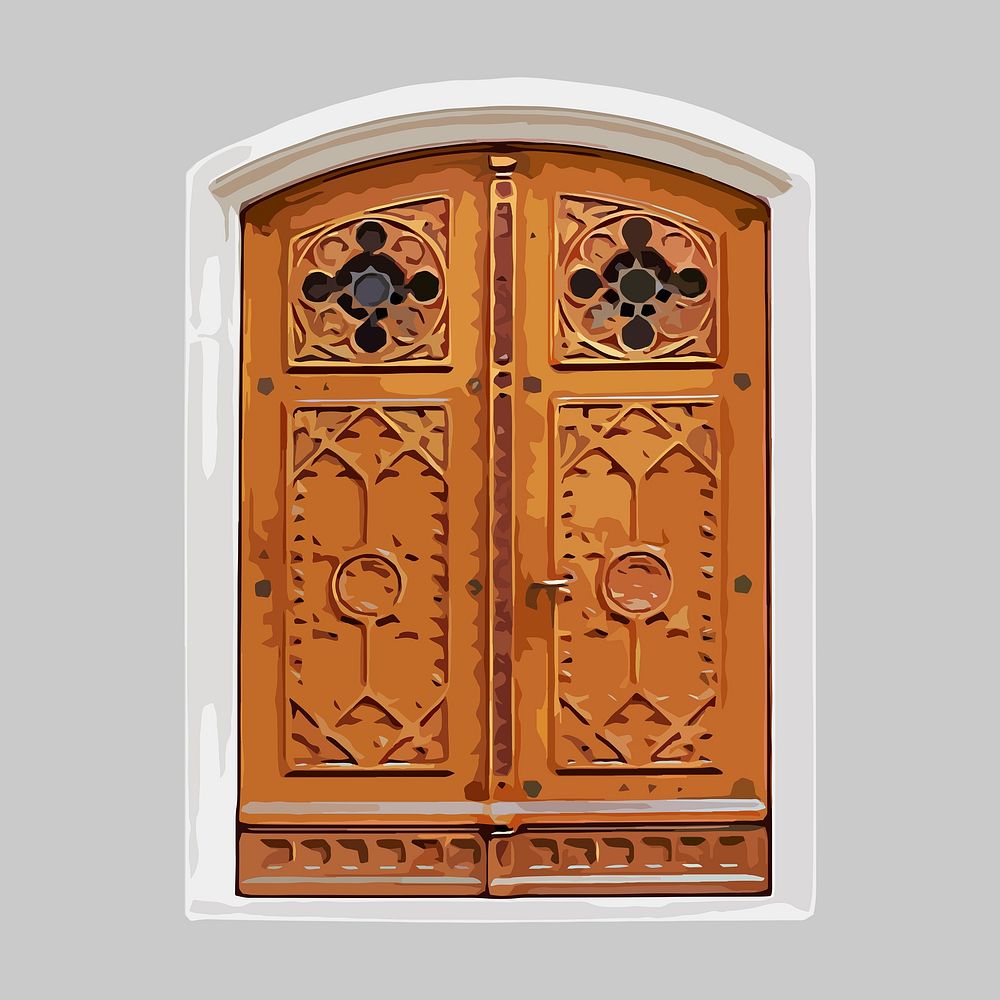 Traditional carved door clipart, gothic architecture illustration vector