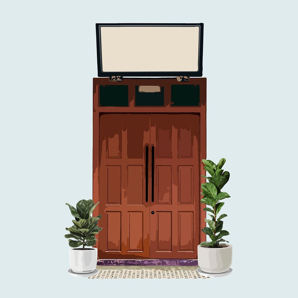 Wooden French door clipart, house entrance illustration psd