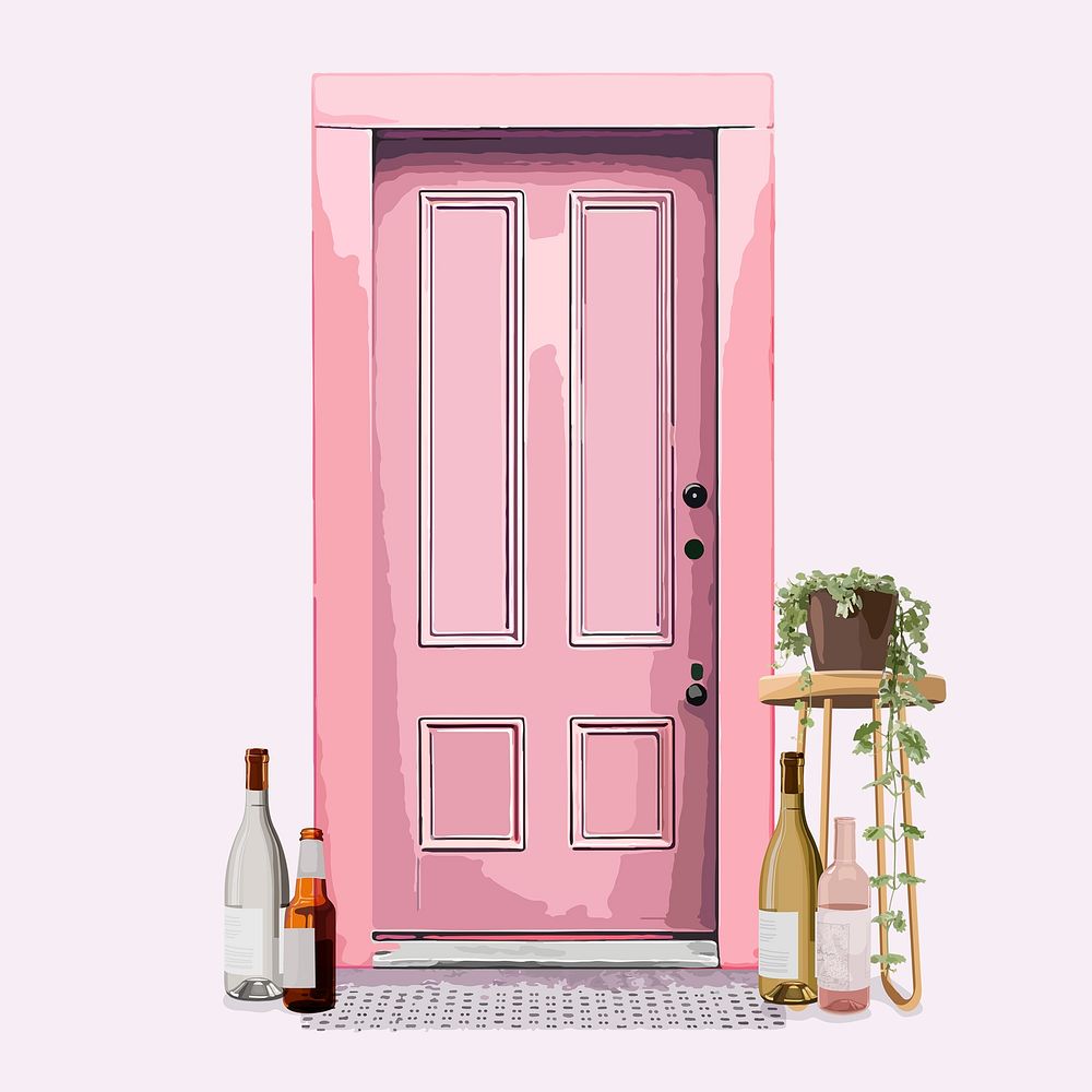 Modern house door clipart, pink interior illustration psd