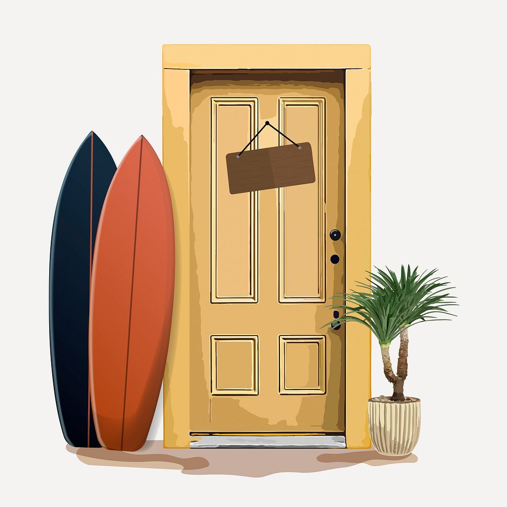 Modern house door clipart, summer interior illustration