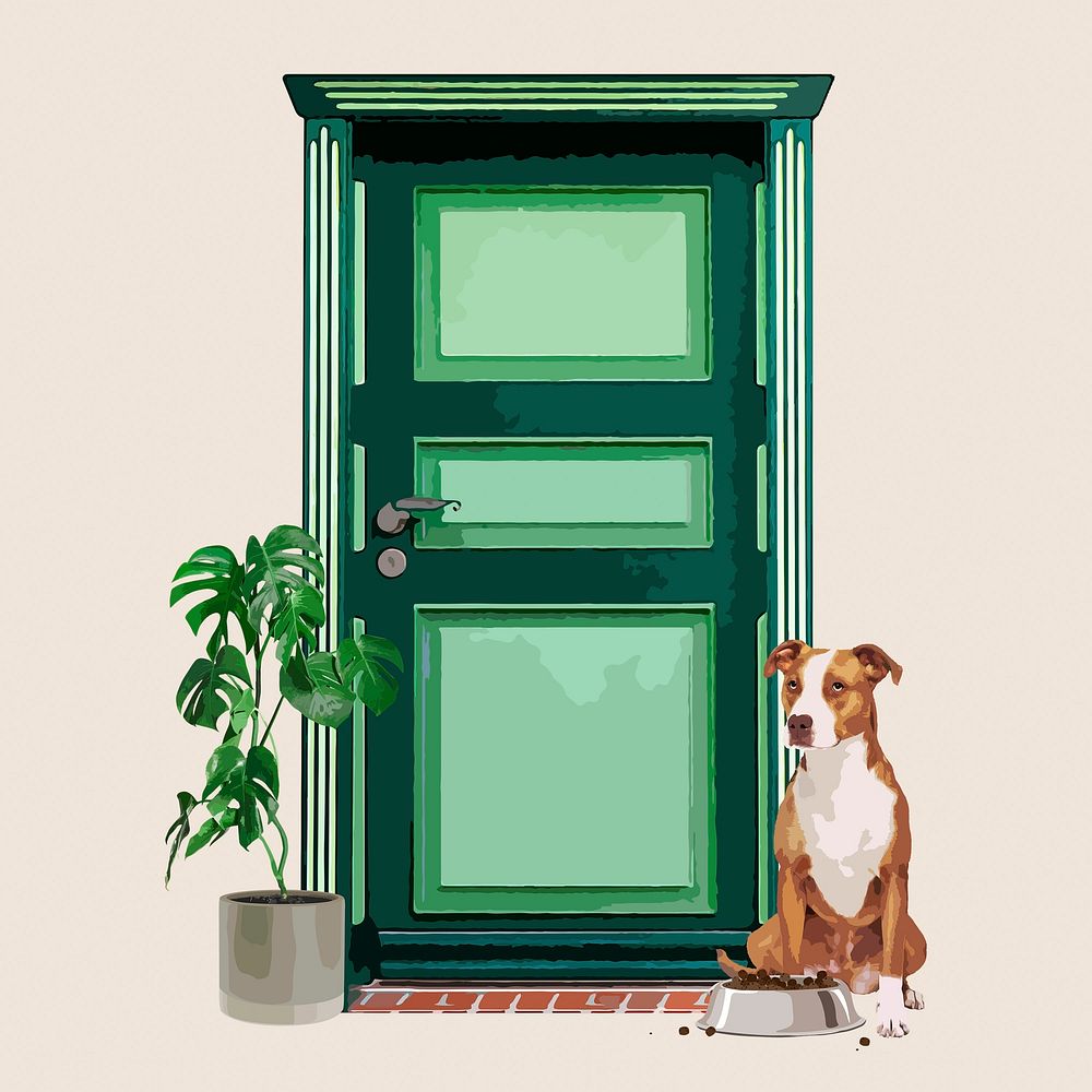 Pitbull waiting at door clipart, pet illustration
