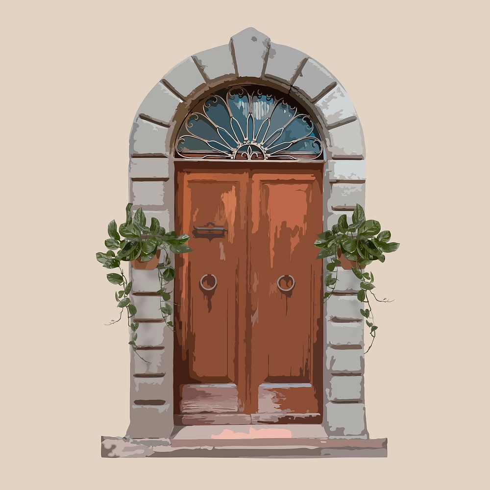 Wooden French door clipart, house entrance illustration