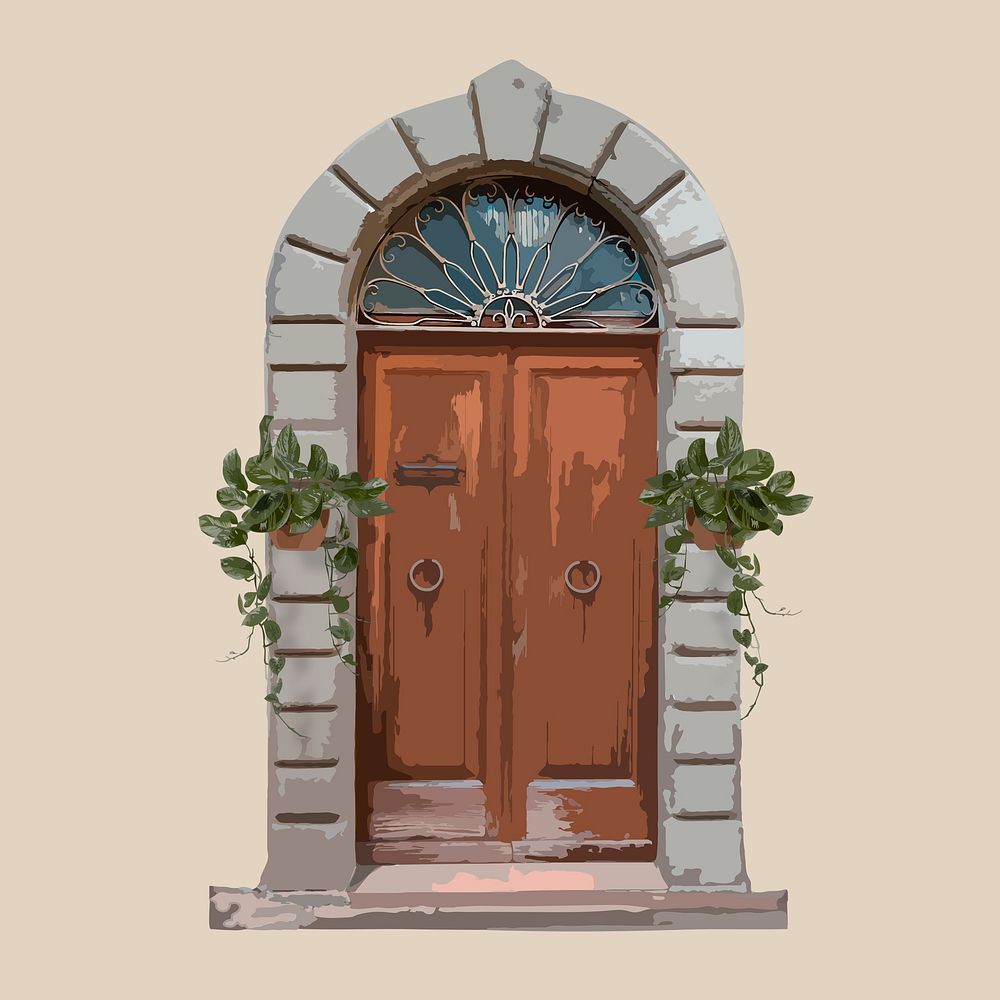 Wooden French door clipart, house entrance illustration psd