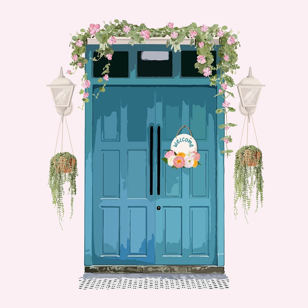 Aesthetic French door clipart, house entrance with flowers
