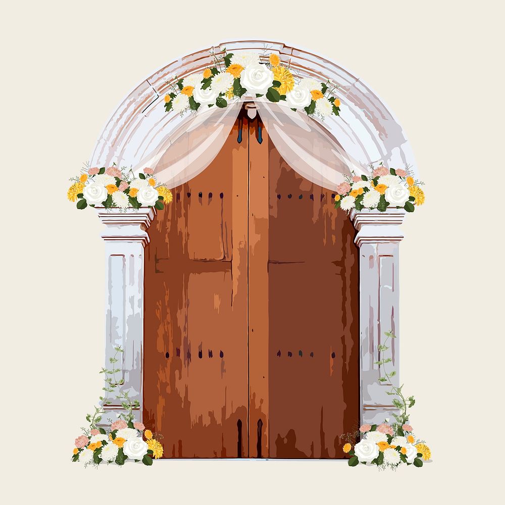 Wedding church door clipart, aesthetic illustration vector