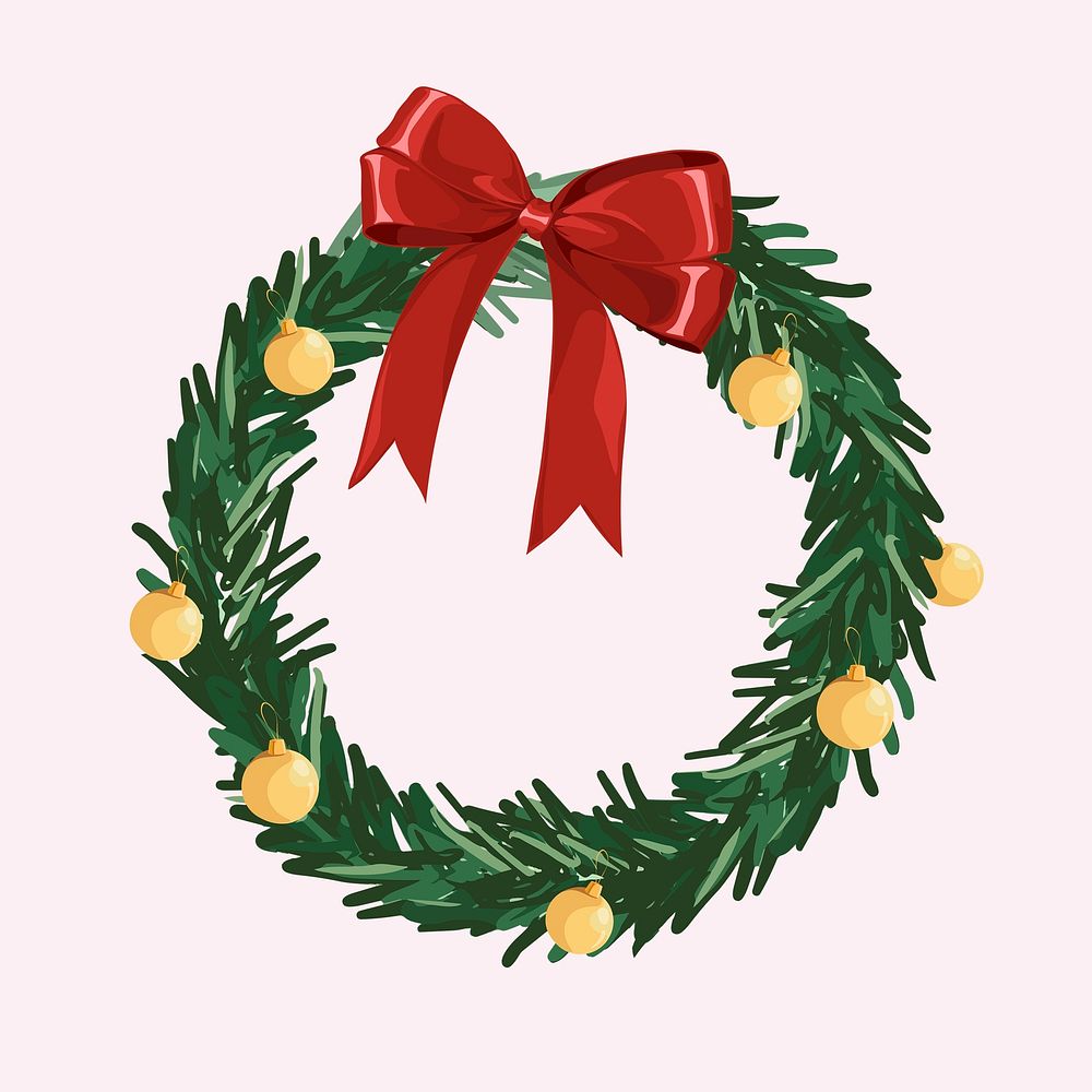 Christmas wreath, red bow and yellow baubles illustration psd