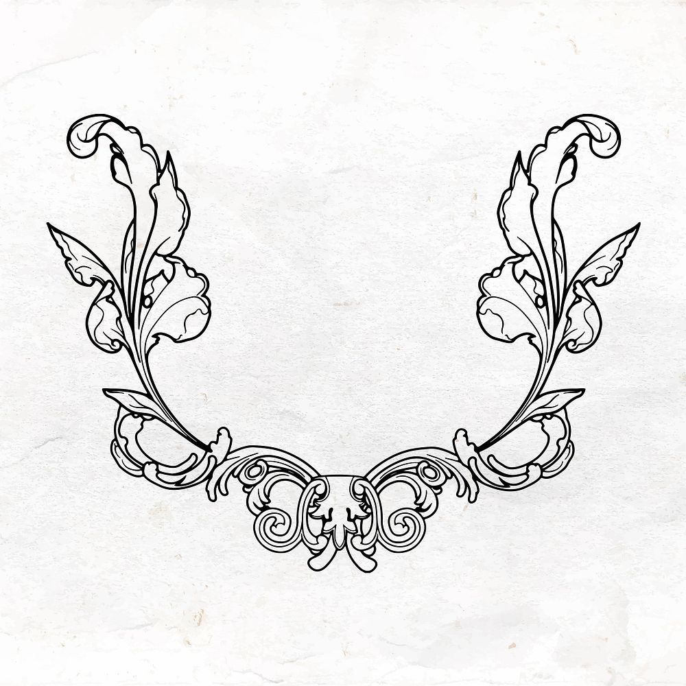 Vintage floral badge, hand drawn line art vector