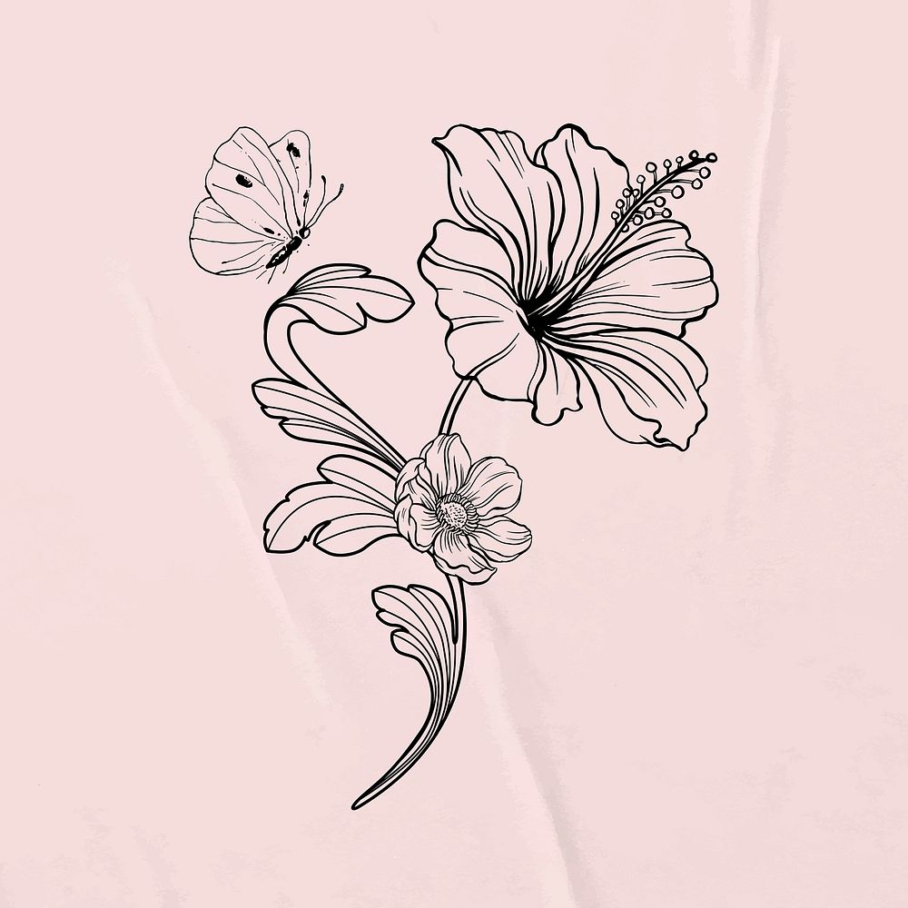 Hibiscus flower sticker, ornamental floral line art vector