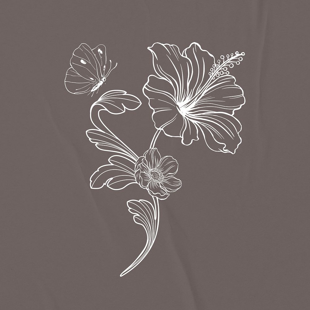 Hibiscus flower clipart, line art aesthetic black design element psd