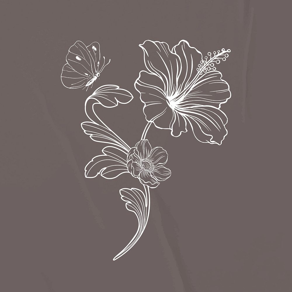 Hibiscus flower sticker, ornamental floral line art vector