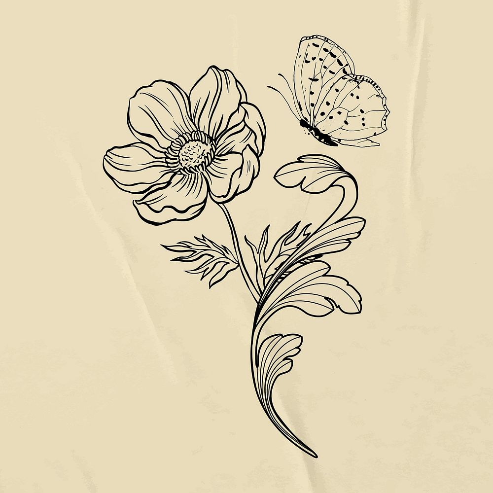 Flower sticker, ornamental floral line art vector