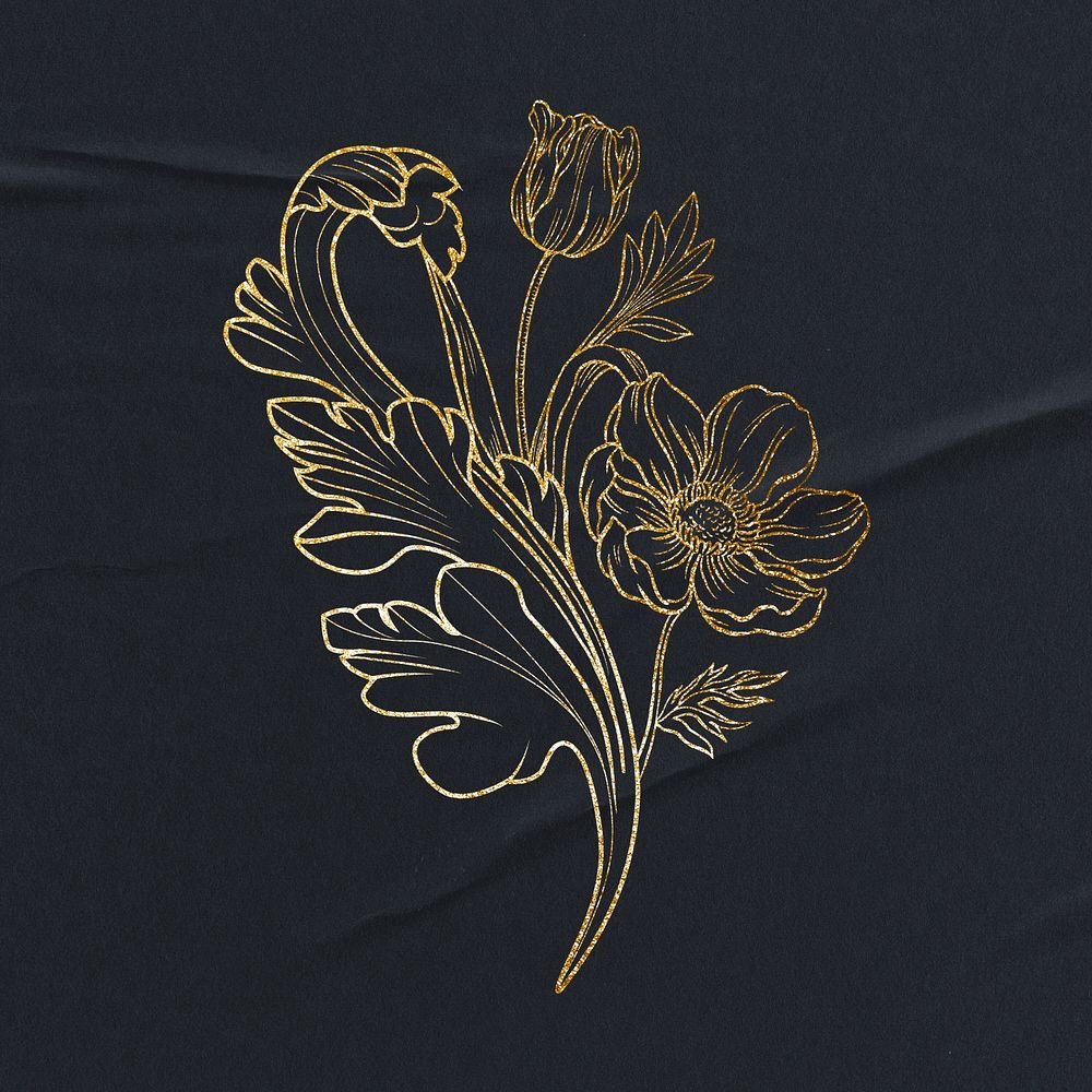 Gold flower sticker, ornamental floral illustration psd