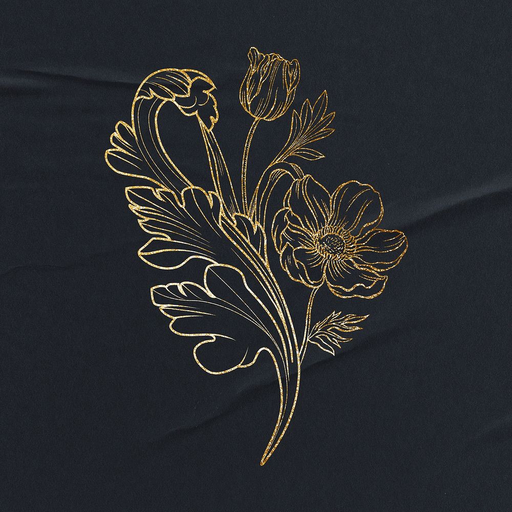 Gold flower clipart, ornamental floral illustration
