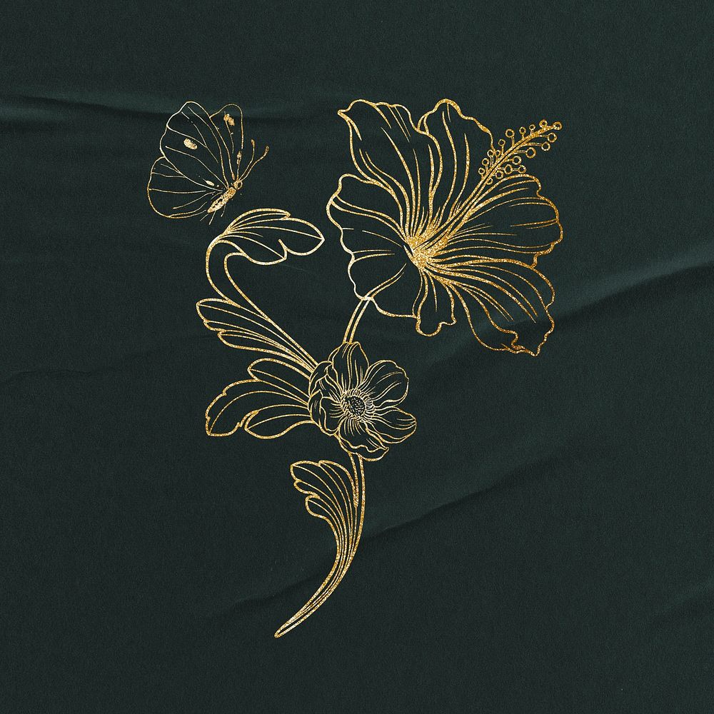 Gold hibiscus flower clipart, ornamental floral illustration