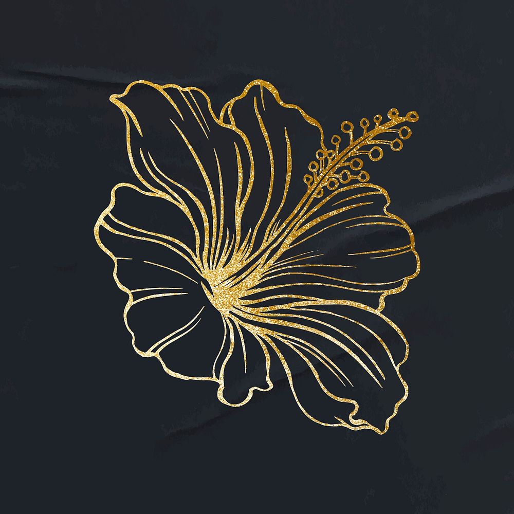 Gold hibiscus flower sticker, ornamental floral line art vector