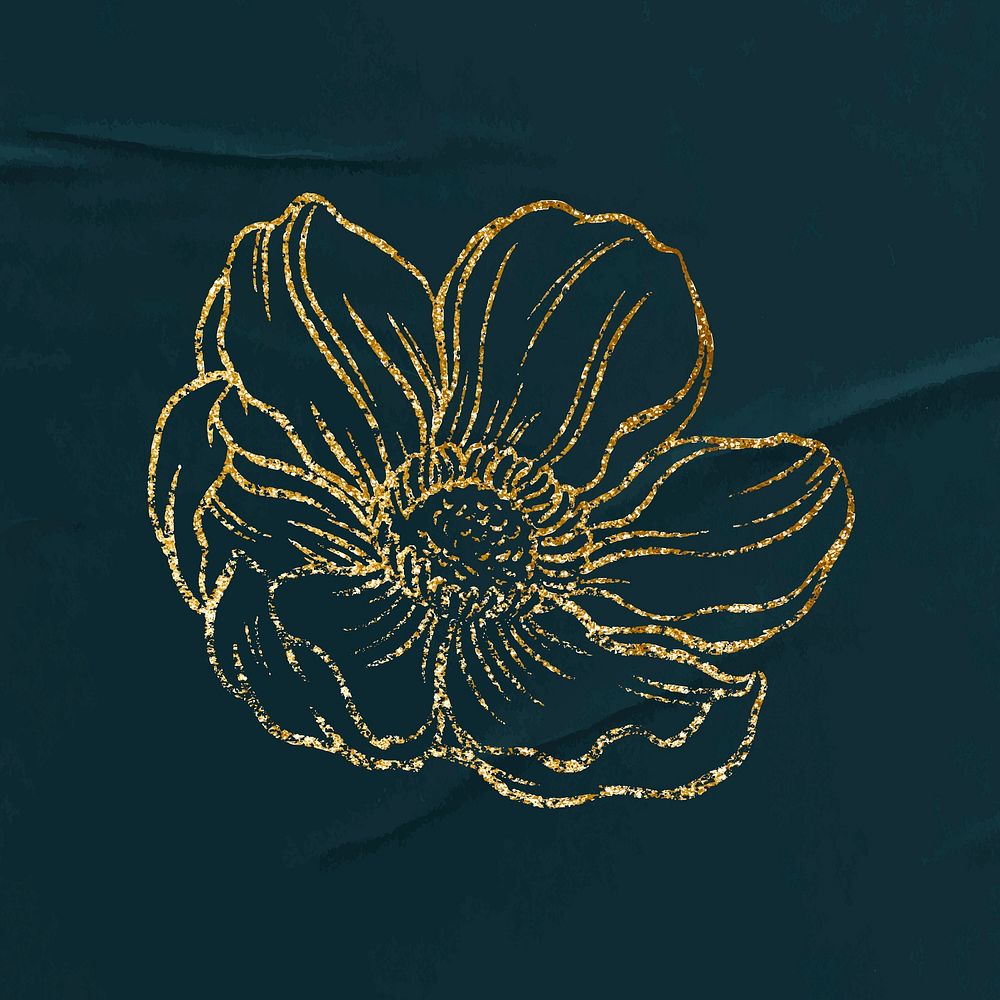 Gold flower sticker, ornamental floral line art vector