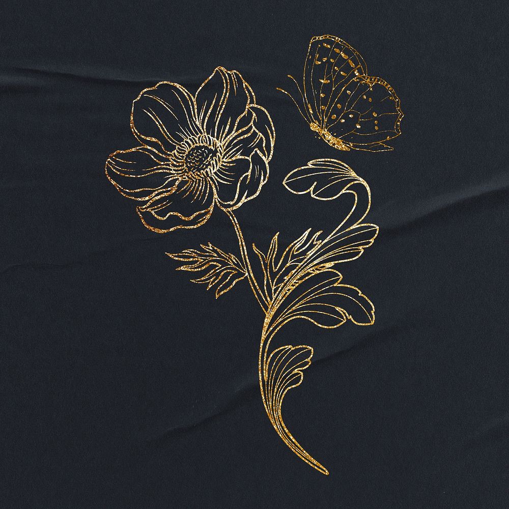 Gold flower clipart, ornamental floral illustration