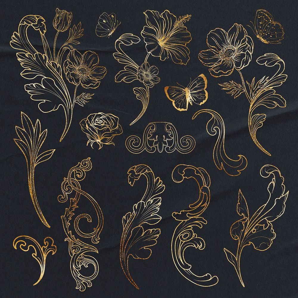 Gold ornament illustration, aesthetic line art design psd set