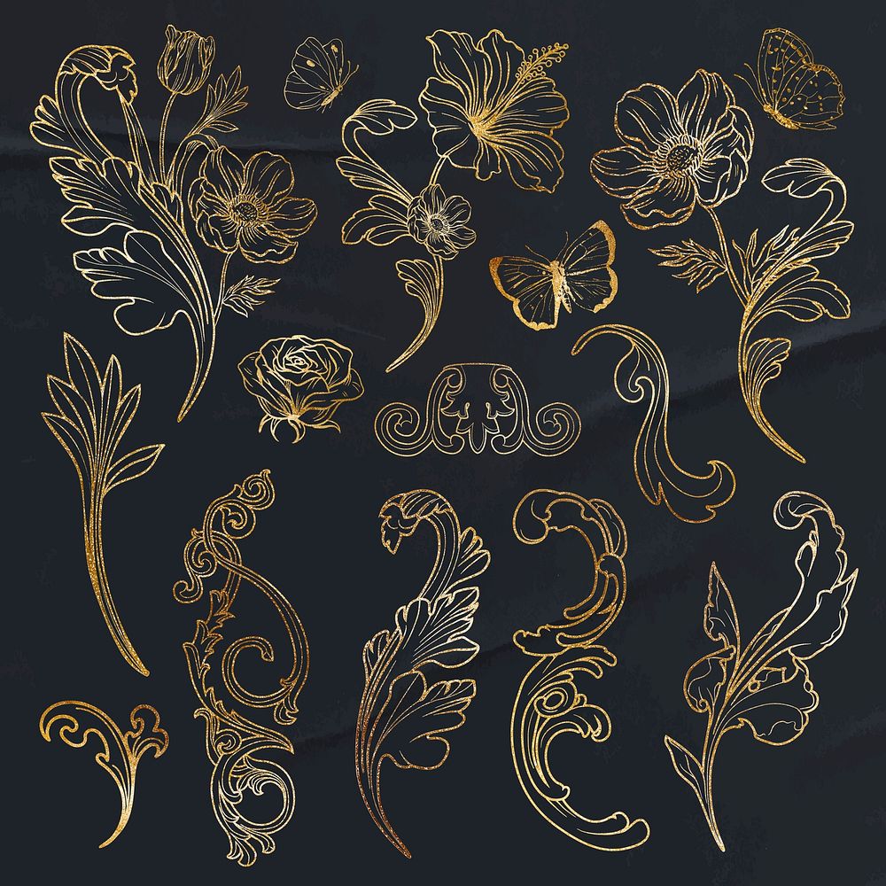 Gold flower clipart, line art aesthetic black design element vector set