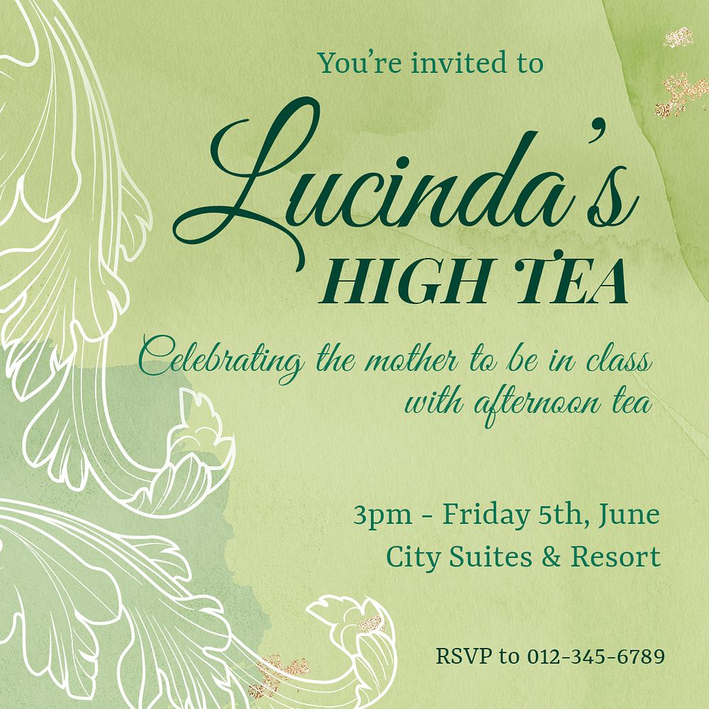 Tea party invitation template, aesthetic flower graphic for social media post psd