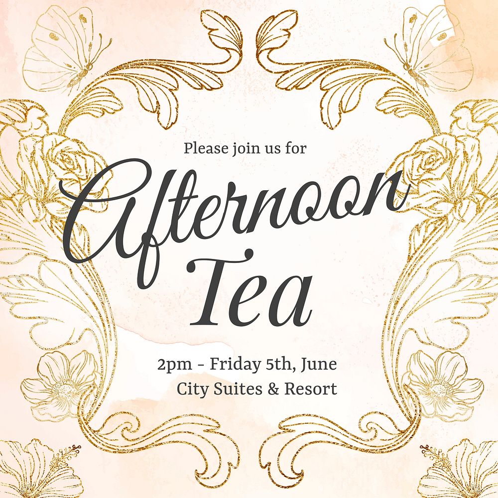Afternoon tea invitation template, aesthetic flower graphic for social media post vector