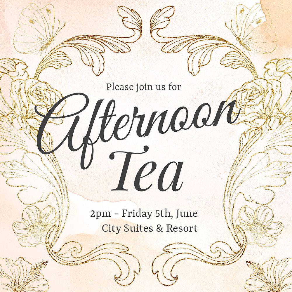 Afternoon tea invitation template, aesthetic flower graphic for social media post psd