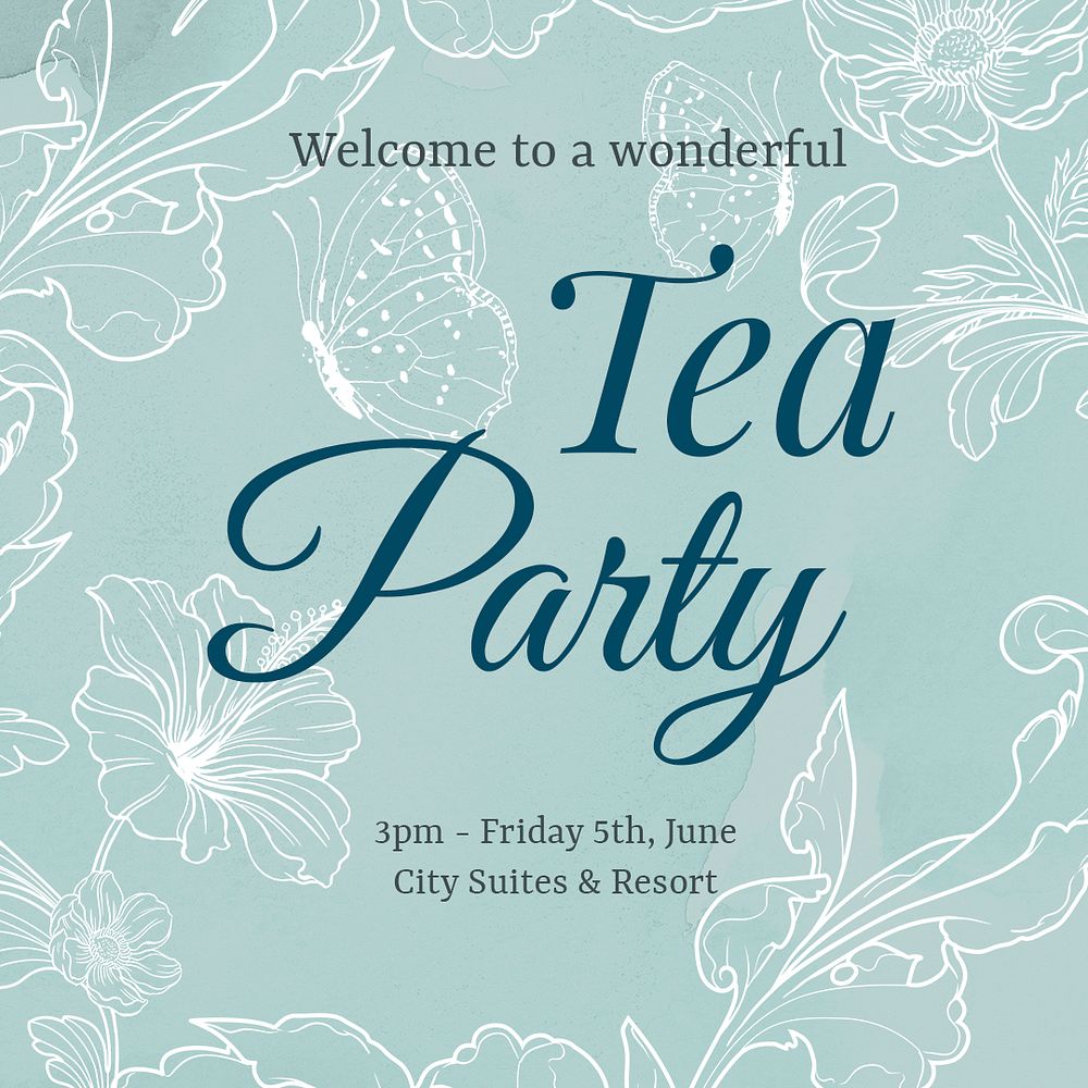 Tea party invitation template, aesthetic flower graphic for social media post psd