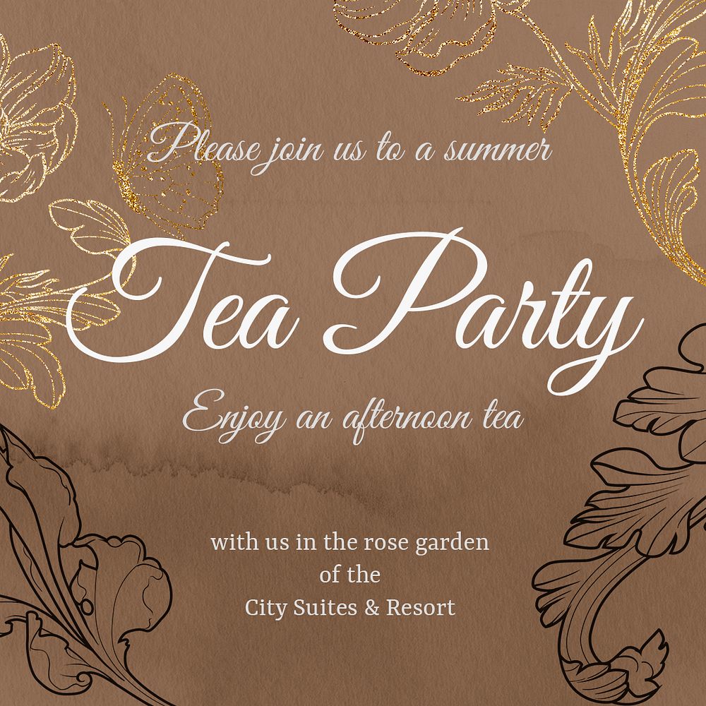 Tea party invitation template, aesthetic flower graphic for social media post psd