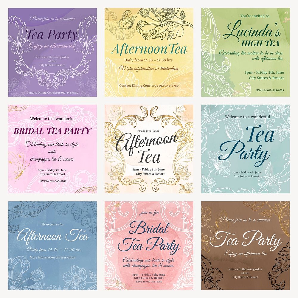 Tea party invitation poster template, filigree design vector set