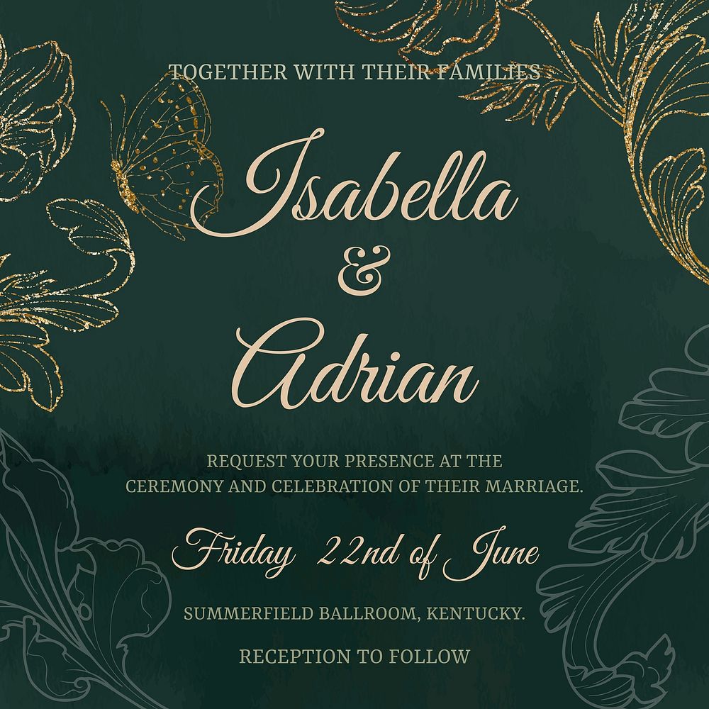Wedding invitation template, aesthetic flower graphic for social media post vector