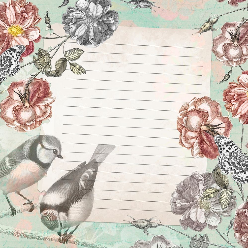 Vintage frame digital journal note with copy space in green aesthetic flower and bird editable background psd
