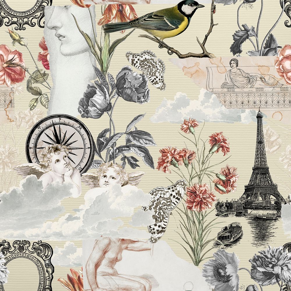 Aesthetic vintage background with flower and classic Ephemera elements
