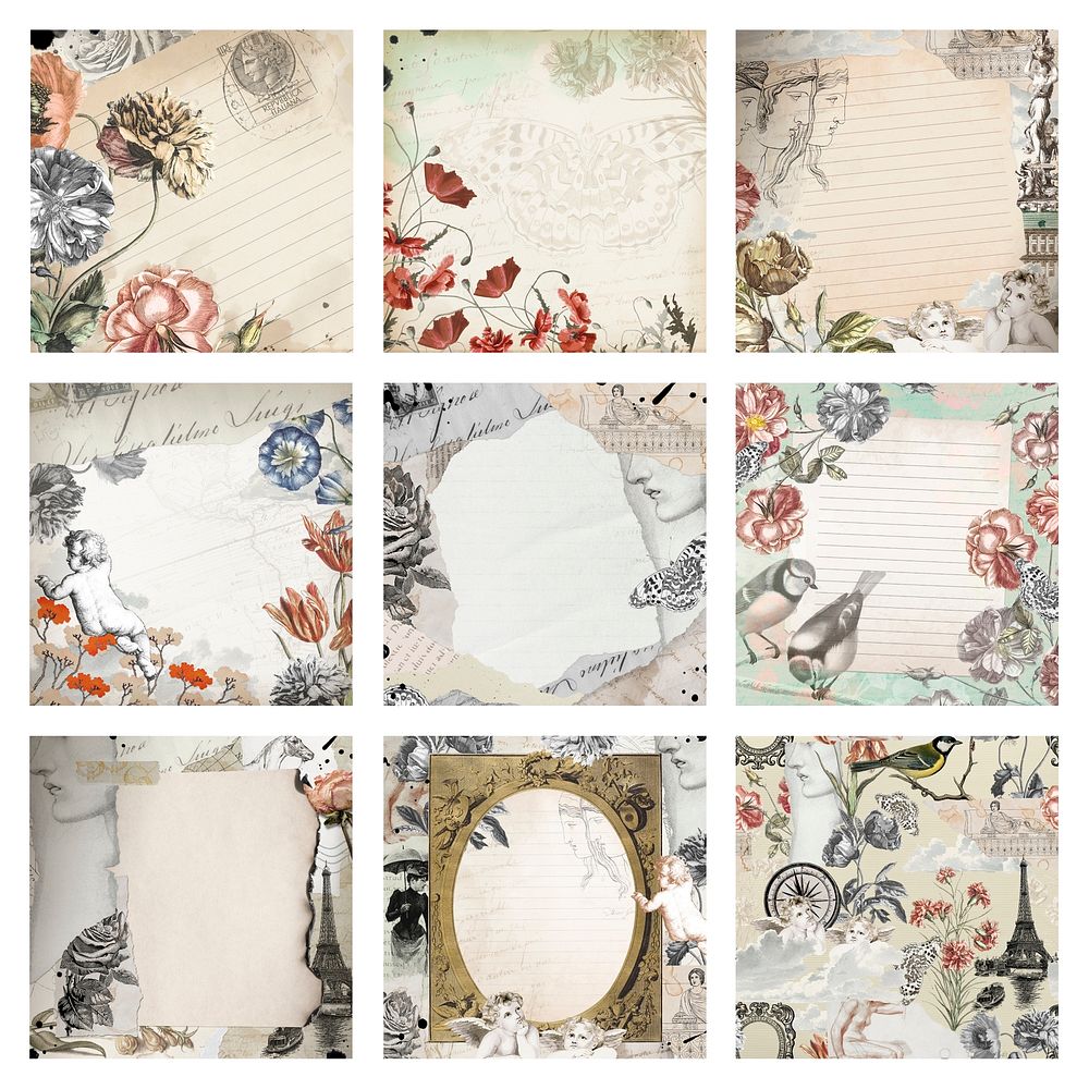 Vintage frame digital journal notes with copy space in aesthetic flower and Ephemera editable background psd set 