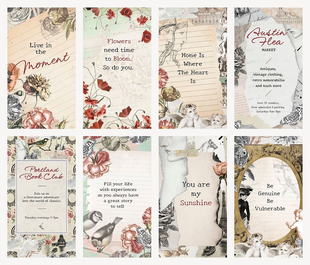 Vintage instagram post template, editable classic aesthetic collage journal note with quote for social media vector set