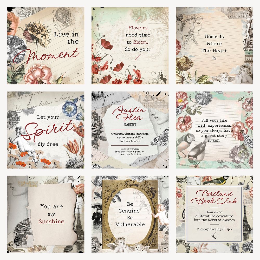 Vintage instagram post template, editable classic aesthetic collage journal note with quote for social media psd set