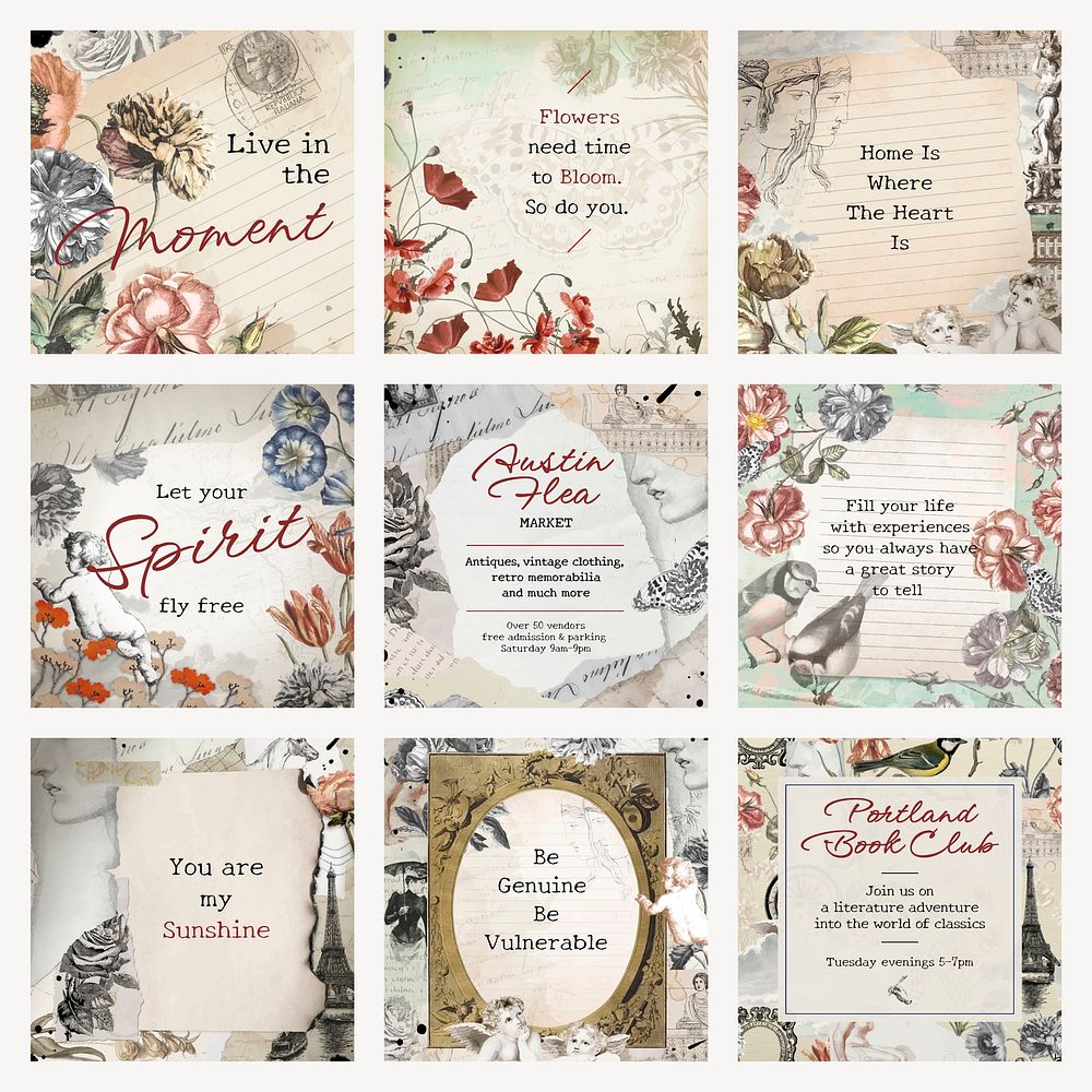 Vintage instagram post template, editable classic aesthetic collage journal note with quote for social media vector set