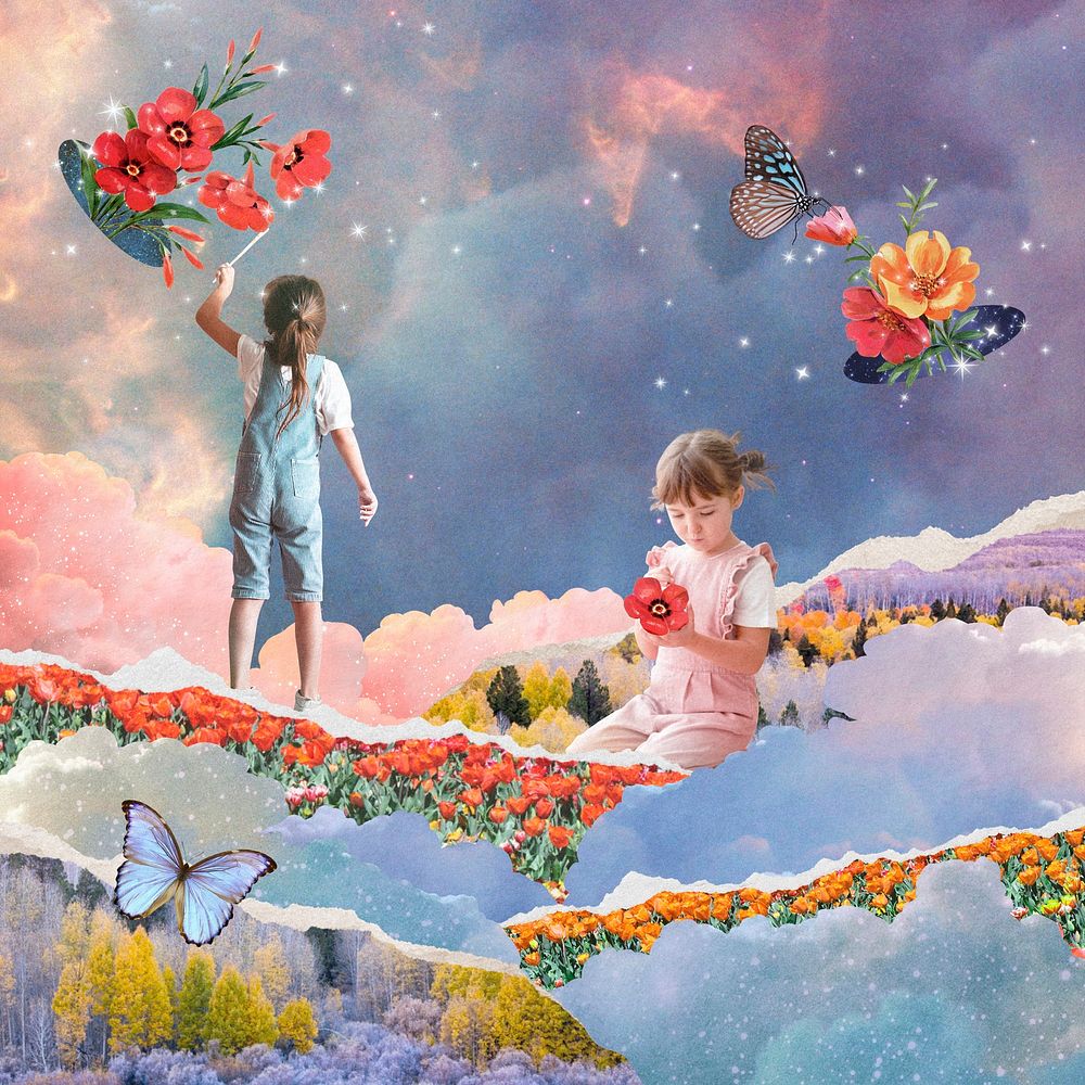 Pastel sky collage background, torn paper design with young girls psd