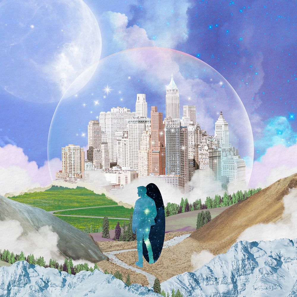 Utopia collage art background, aesthetic futuristic design